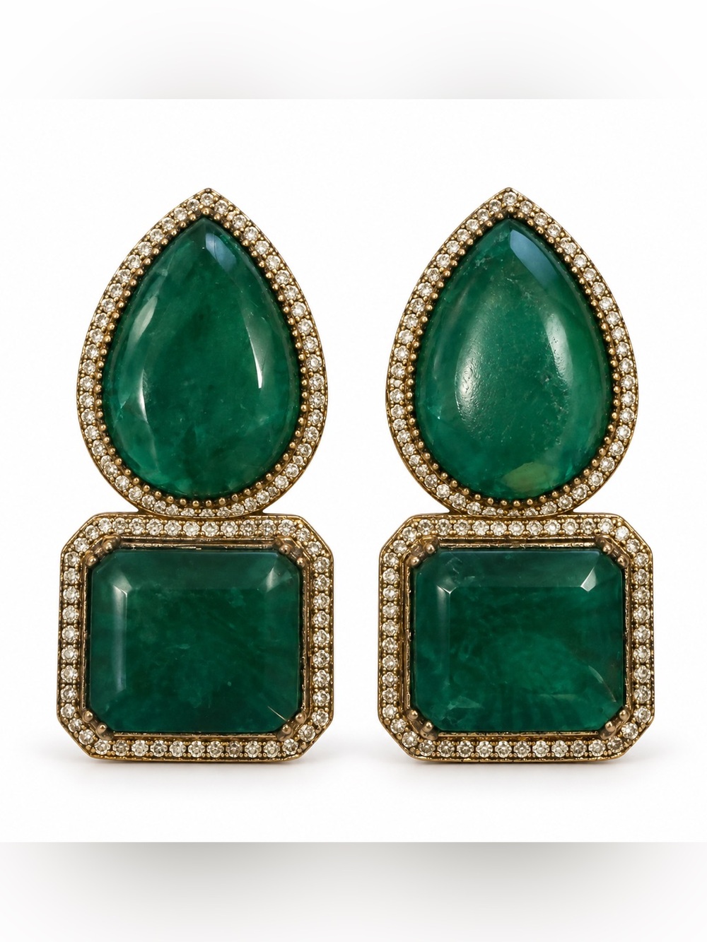 Handmade Green Gemstone Teardrop & Square Statement Earrings